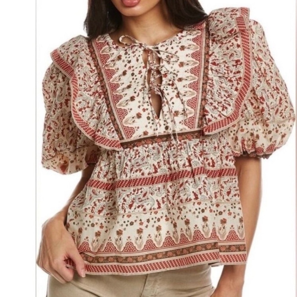 NWT Calypso St Barth red Quilted Floral Short Sleeve Puff-Sleeve Top Blouse M